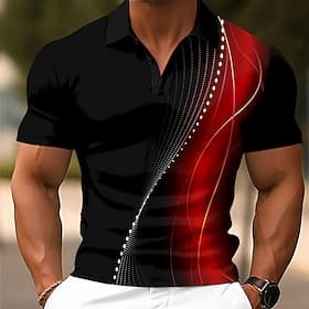 Men's Geometic Line Polo Short Sleeve Polo Shirts Collared Shirts Casual Outdoor School Daily Wear Home Wear 3D Print Summer Red
