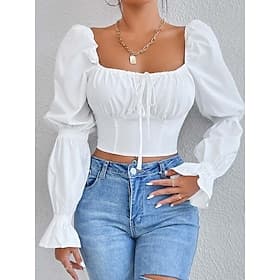 Women's Wrap Crop Top Elegant Long Sleeve U Neck Crop Tops Black White Summer Spring
