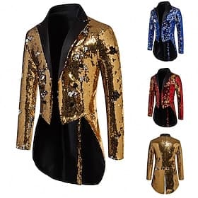 Men's Blazer Performance Cocktail Party Wedding Party Fashion Casual Spring Fall Polyester Plain Buttons Sequin Comfortable Single Breasted Blazer Burgundy Blu