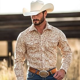 Men's Floral Print Western Shirt Button Up Shirt Cowboy Shirt Long Sleeve Western Vintage Retro Casual Outdoor Summer Spring Fall Turndown Collared Shirts Fron