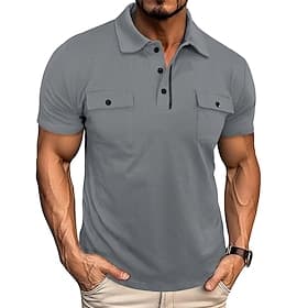 Men's Golf Shirt Golf Polos Shirts Casual Work Lapel Short Sleeve Basic Modern Plain Pocket Buttons Summer Spring Regular Fit Wine White Navy Blue Light Grey A