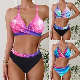 Women's Tankini Two Piece Swimsuit V Neck Racerback Swimwear Swimwear Blue Purple Quick Dry Lightweight Breathable Sleeveless - Surfing Beach Swimming Summer S