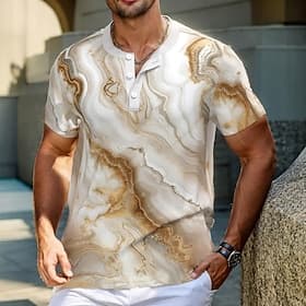 Voor heren Marmer T-shirt Henley-shirt Korte mouw Ontwerper Retro vintage Casual Dagelijks Straat Zomer Lente khaki Henley Henley-T-shirt