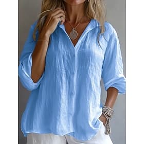 Women's 100% Cotton Button Up Blouse Buttons Plain Casual Long Sleeve Bishop Sleeve Shirt Collar Regular Tops Daily Blue White Yellow Pink Spring Fall