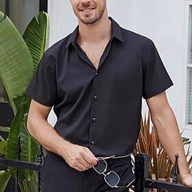 Men's Shirt Dress Shirt Button Up Shirt Solid Color Wedding Party Black White Pink Wine Short Sleeve Lapel Summer Clothing Apparel Buttons