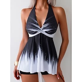Women's Tankini 2 Piece Swimsuit Boy Leg Halter Tummy Control High Waist Slim Backless Vacation Beach Wear Ombre Stripe Halter Neck Sleeveless Bathing Suits