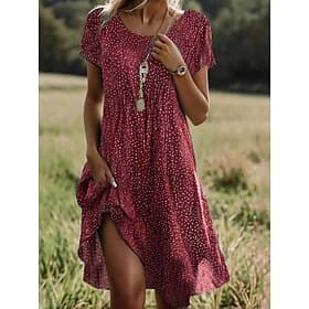 Damen Midi Kleid A-Linie Kleid T-Shirt Kleid Tee Kleid Athletic Kleid Lässig Urlaub Alltag Reguläre Passform Grafik Kurze Ärmel Rundhals Dunkelrot Pink Rot Bor thumbnail 2