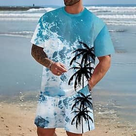 Herren Nautisch Kokospalme 2St T-Shirts-Sets Sommeroberteile Kurzarm Kurze Hosen Rundhalsausschnitt Sport Designer Lässig Outdoor Urlaub Täglich Bedruckt Somme