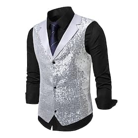 Voor heren Vest Prestatie Vakantie Toneel Modieus Casual Zomer Lente Pailletten Knop Zak Polyester Comfortabel Effen Enkele knoopsluiting één knoop Revers Norm