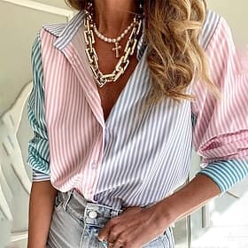 Women's Shirt Buttons Striped Daily Stylish Basic Long Sleeve Shirt Collar Regular Tops Daily Work Holiday Pink Spring Fall