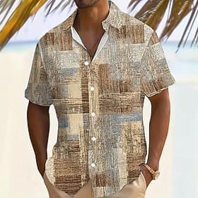 Men's Geometric Color Block Patchwork Shirt Button Up Shirt Short Sleeve Fashion Casual Streetwear Vacation Holiday Summer Turndown 3D Print Collared Shirts Fr