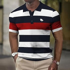 Men's Horizontal Stripes Rugby Polo Short Sleeve Polo Shirts Collared Shirts Business Casual Business School Formal Dailywear 3D Print Buttons Summer Red
