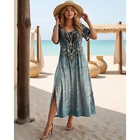 Women's Maxi Dress Casual Dress Casual Daily Loose Fit Geometric Short Sleeve Crew Neck Teal Black White Red Summer