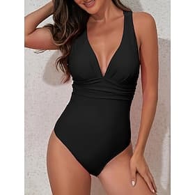 Women's Swimwear One Piece Monokini Swimsuit Ruched Tummy Control High Waist Backless Vacation Beach Wear Solid Color U Neck Sleeveless Bathing Suits thumbnail 2