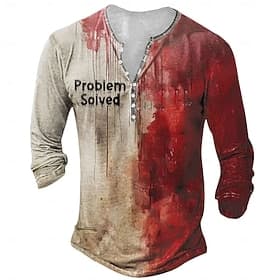 Herren Blutspritzer Blutflecken T Shirt Henley Hemd Langarm T-Shirt 3D-Druck Henley Hemd Designer Retro Vintage Lässig Straße Rote Khaki Sommer Frühling Herbst