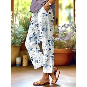 Women's Cotton Linen Pants Baggy Pants Linen Like Elegant Vintage Fashion Full Length High Waist Floral Leaf Printing Breathable Soft Micro-elastic Outdoor Dai