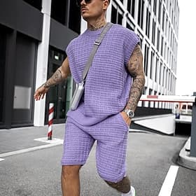 Homens Conjunto de shorts e camiseta Conjunto de T Sem Manga Crewneck Côr Sólida Roupa de Malha Tricotado Férias Roxo Bege Top Tee para Homens