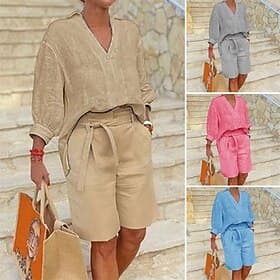 Women's 100%cotton Shirt Cotton Linen Sets Two Piece Sets Beach Shorts Short Sleeve V Neck Solid Color Drawstring Fashion Streetwear Daily Wear Date Blue Khaki
