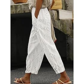 Women's Cotton Linen Pants Baggy Pants Linen Like Fashion Streetwear Full Length High Waist Floral Printing Thermal Warm Breathable Soft Micro-elastic Outdoor