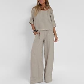 camicia da donna 100% cotone set di cotone e lino set due pezzi pantaloni di lino pantaloni pantaloni a maniche corte girocollo tinta unita coulisse moda stree