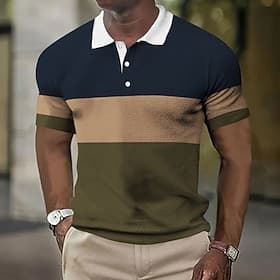 Men's Horizontal Stripes Rugby Polo Short Sleeve Polo Shirts Collared Shirts Business Casual Business School Formal Dailywear 3D Print Buttons Summer Dark Brow