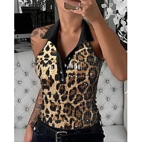 Dames Camisole Tanktop Luipaard Rainbow Luipaard Knopen Pailletten Dagelijks Elegant V-hals Regular Fit S
