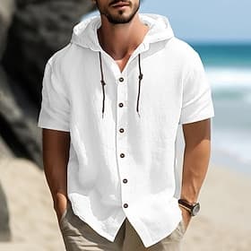 Men's Shirt Linen Shirt Casual Shirt Button Up Shirt Plain Vacation Street Black White Blue Khaki Short Sleeve Hooded Summer Clothing Apparel Adjustable Drawst