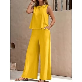 Damessets van 100% katoen en linnen, tweedelige sets: blouse, broek, mouwloos, ronde hals, effen kleur, elegant, modieus, streetwear, casual, dagelijks, outdoo