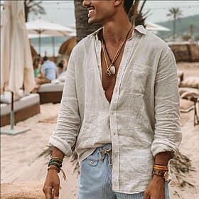Men's Shirt Linen Shirt Casual Shirt Button Up Shirt Cotton Shirt Plain Vacation Hawaiian White Green Long Sleeve Lapel Spring Fall Clothing Apparel Button-Dow