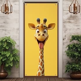 Funny Animal Door Decorations Door Covers Giraffe Door Tapestry Door Curtain Decoration Backdrop Indoor/Outdoor Door Banner for Front Door Farmhouse