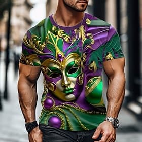 Mardi Gras Men's Mask T Shirt Short Sleeve T shirt 3D Print Crew Neck Shirt Designer Casual Party Holiday Club Purple Summer Spring Clothing Apparel S M L XL X