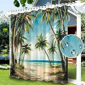 Waterproof Outdoor Curtain Privacy, Sliding Patio Curtain Drapes, Pergola Curtains Grommet Beach Palm Trees Landscape For Gazebo, Balcony, Porch, Party, 1 Pane thumbnail 2