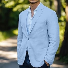 Men's Linen Blazer Sport Coat Wedding Casual Daily Fashion All Seasons Cotton Linen Solid Colored Basic Single Breasted Two-button Blazer White Sky Blue Beige