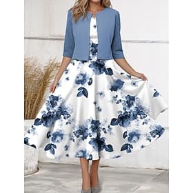 Ensemble de robes pour femmes en deux pièces robe midi avec veste élégante robe en A manches mi-longues robe décontractée imprimé floral encolure ras du cou re