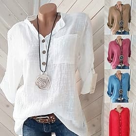 Women's Shirt Cotton Linen Shirts Blouse Faux Cotton Linen Pocket Buttons Plain Basic Modern Long Sleeve V Neck Regular Tops Daily Holiday White Pink Red Khaki