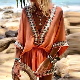Women's Normal Romper Streetwear Geometric 3/4 Length Sleeve Batwing Sleeve V Neck Print Daily Going out Regular Fit Red Blue Orange Summer