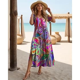 Women's Midi Dress Sundress A Line Dress Vacation Casual Boho Butterfly Sleeve Vacation Going out Regular Fit Floral Graphic Rainbow Short Sleeve Crewneck Blue thumbnail 2