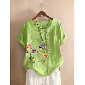 Women's 100% Cotton Blouse Floral Graphic Stylish Linen Casual Short Sleeve Crew Neck Regular Tops Daily Going out Buttons Print Green Summer Spring