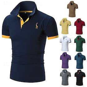 Men's Polo Golf Shirt Casual Sports Classic Short Sleeve Basic Color Block Deer Button Front Summer Spring Regular Fit Dark Brown Dark Gray Black White Yellow
