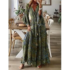 Women's Maxi Dress Casual Dress Swing Dress A Line Dress Boho Dress Vintage Casual Daily Regular Fit Floral Long Sleeve V Neck Blue Red Purple Orange Summer Sp