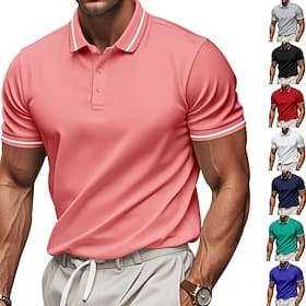 Men's Golf Shirt Golf Polos Shirts Casual Work Lapel Short Sleeve Basic Modern Plain Patchwork Buttons Summer Regular Fit White Pink Navy Blue Emerald Green Go