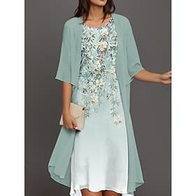 Women's Graduation Dress Midi Dress Dress Set Chiffon Dress Shift Dress Elegant Daily Loose Fit Paisley Half Sleeve Crew Neck Blue Purple Green Summer Spring F