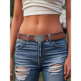 Vintage Western Faux Leather Belt for Women – Boho Turquoise Concho Buckle, Adjustable Cowgirl Waist Belt for Festivals  Casual Wear