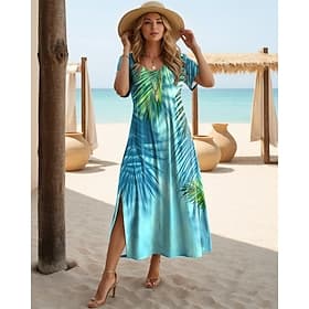 Women's Midi Dress Sundress A Line Dress Vacation Casual Beach Butterfly Sleeve Going out Regular Fit Floral Graphic Leaf Short Sleeve Crewneck Blue Dark Pink