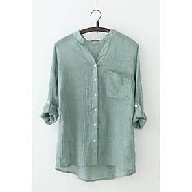 Femmes Chemise Boutonner Chemisier Faux coton lin Avec Poches Boutons Uni Basique Moderne Occasionnel manche longue Col en V Hauts Réguliers Quotidien Sortir B