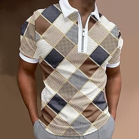 Men's Patchwork Zip Polo Short Sleeve Turndown Casual Daily Athleisure Casual Daily Zipper Summer Brown
