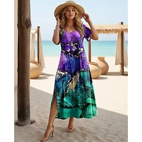 Femmes Robe Midi Robe d'Été Robe trapèze Vacances Occasionnel Boho Papillon Vacances Sortir Coupe régulière Fleuri Graphique Arc-en-ciel Manche Courte Col Rond