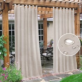 Outdoor Linen Sheer Curtains for Patio Waterproof Indoor/Outdoor Divider Privacy Added Light Filtering Porch Decor with Detachable Self-Stick Tab Top for Gazeb