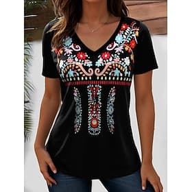 Women's T Shirt Print Graphic Paisley Bohemia Stylish Casual Short Sleeve V Neck Regular Tops Daily Weekend Beach Wear White / Black Black Red Light Brown Purp