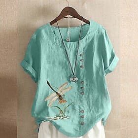 Women's Linen-feel Shirts Blouse Buttons Print Flower Modern Casual Short Sleeve Crew Neck Regular Tops Holiday Going out White Yellow Army Green Green Summer